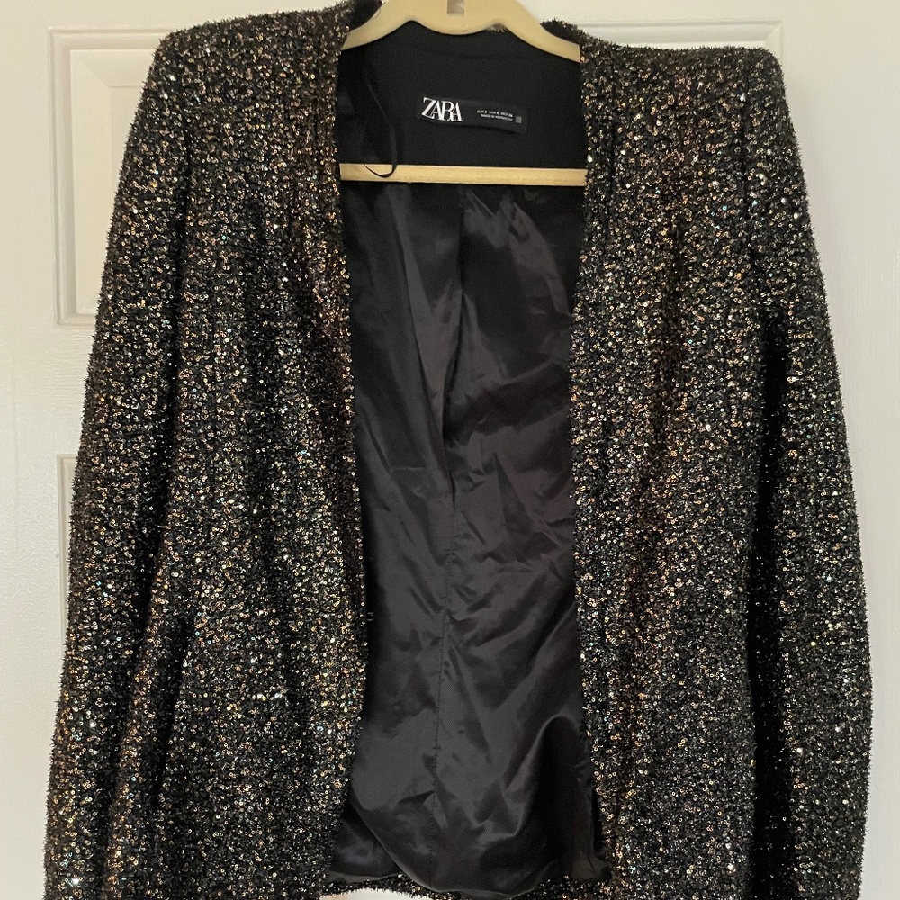 ZARA Sequin Blazer – Black Sparkle Evening Jacket – Size S